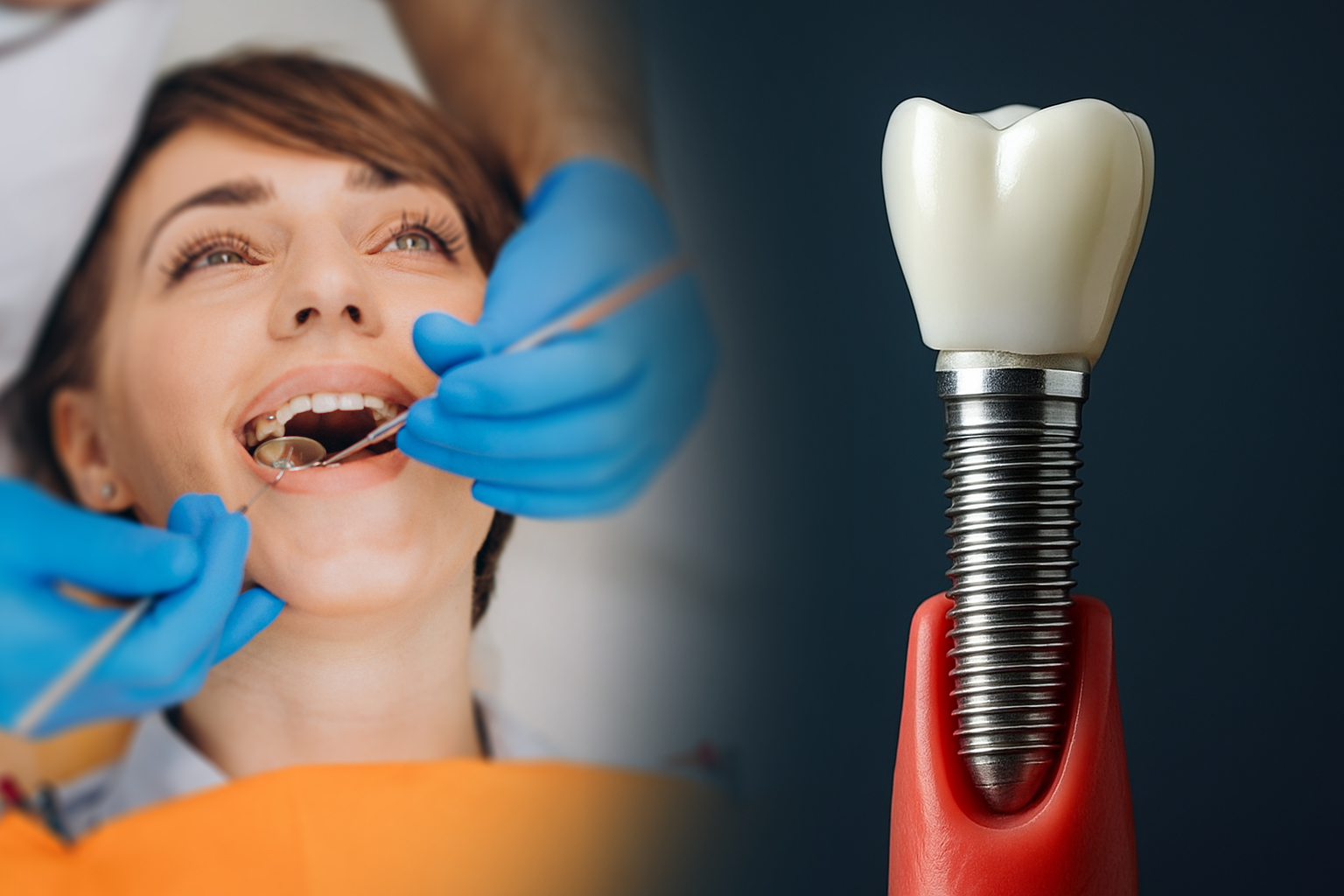 Dental implant placement surgery and a completed implant structure with abutment and crown