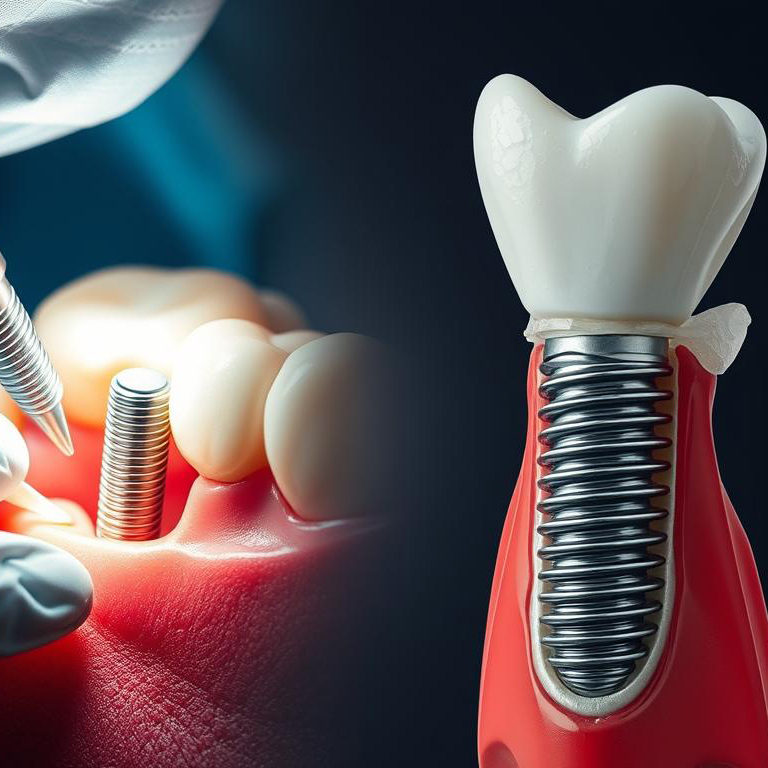 Dental implant placement surgery and a completed implant structure with abutment and crown