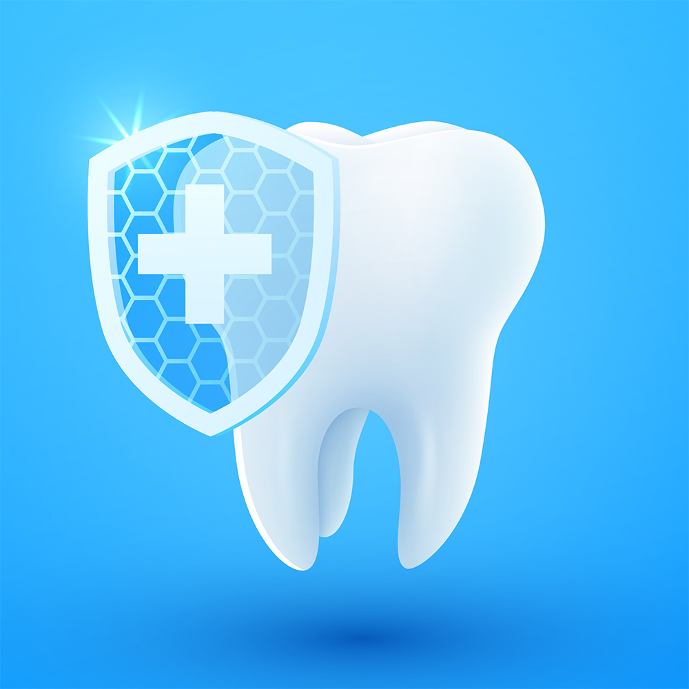 3D white tooth with a transparent medical shield symbolizing strong enamel and dental protection