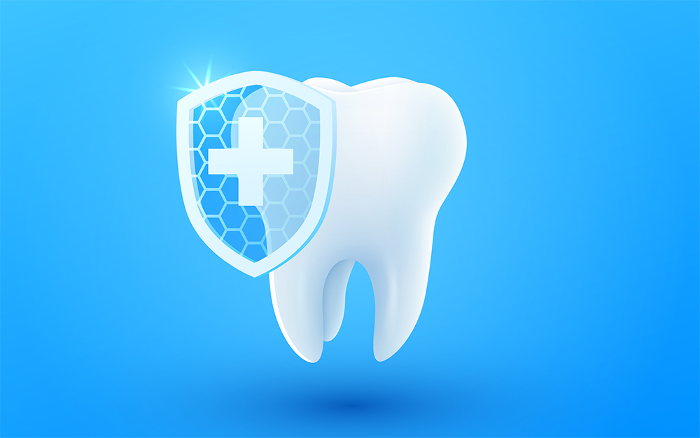 3D white tooth with a protective shield icon symbolizing dental health and decay prevention